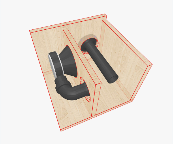 Отрендеренное изображение из Speaker Box Lite: банд-пасс корпус 6-го порядка (серия) с раструбными закруглёнными портами, которые улучшают эффективность воздушного потока и минимизируют турбулентность.