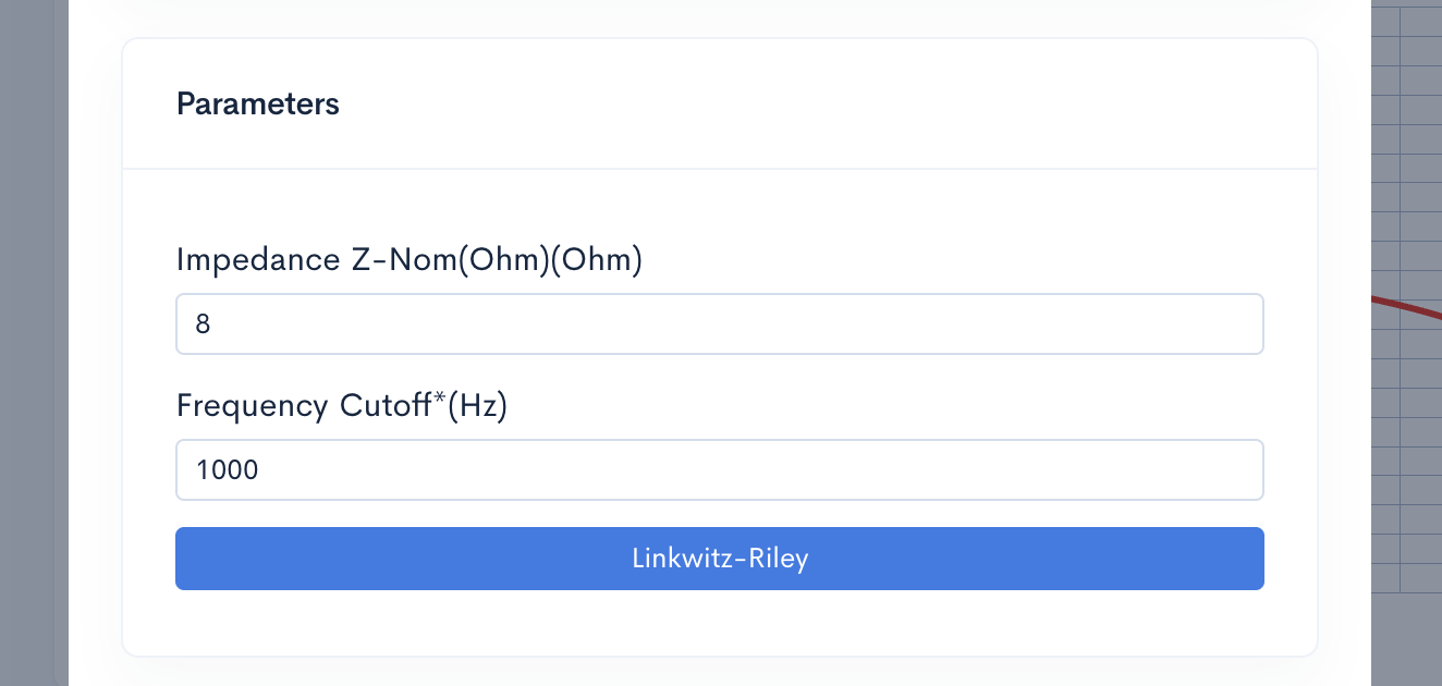 Driver Impedance and Cutoff Frequency configuration fields in the Speaker Box Lite LF crossover settings
