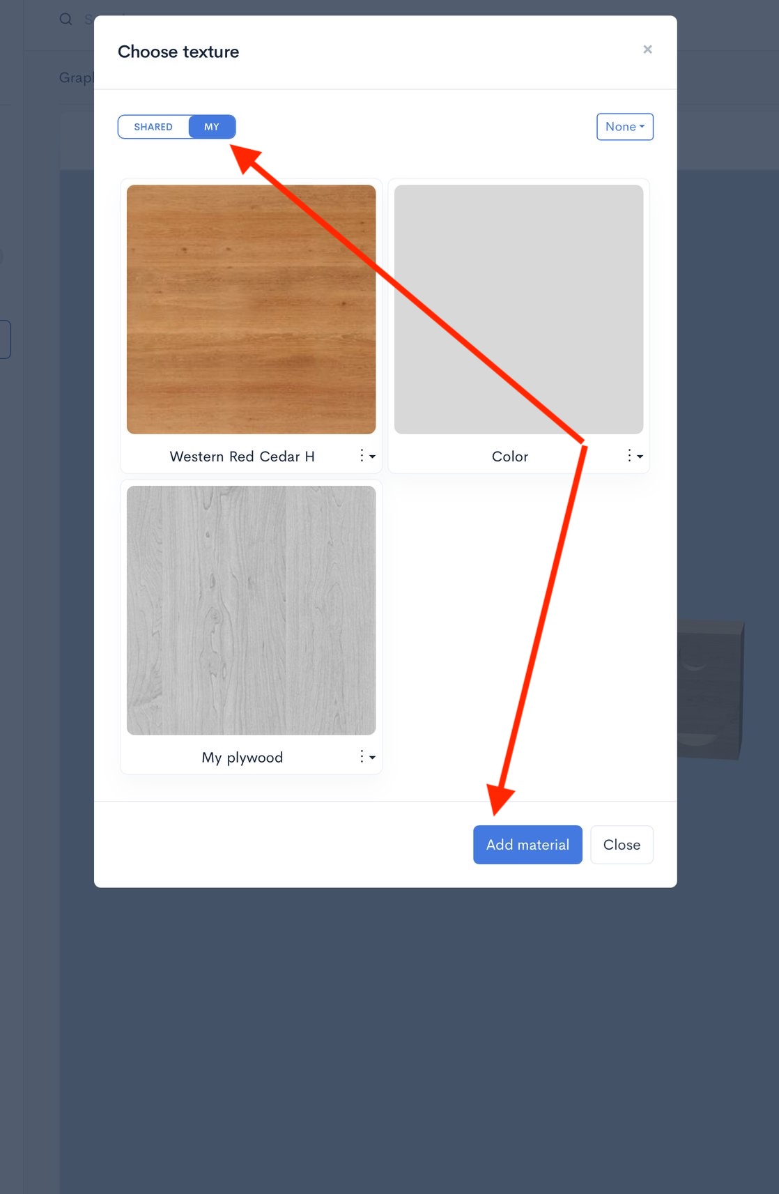 Interface for adding and configuring custom speaker box materials