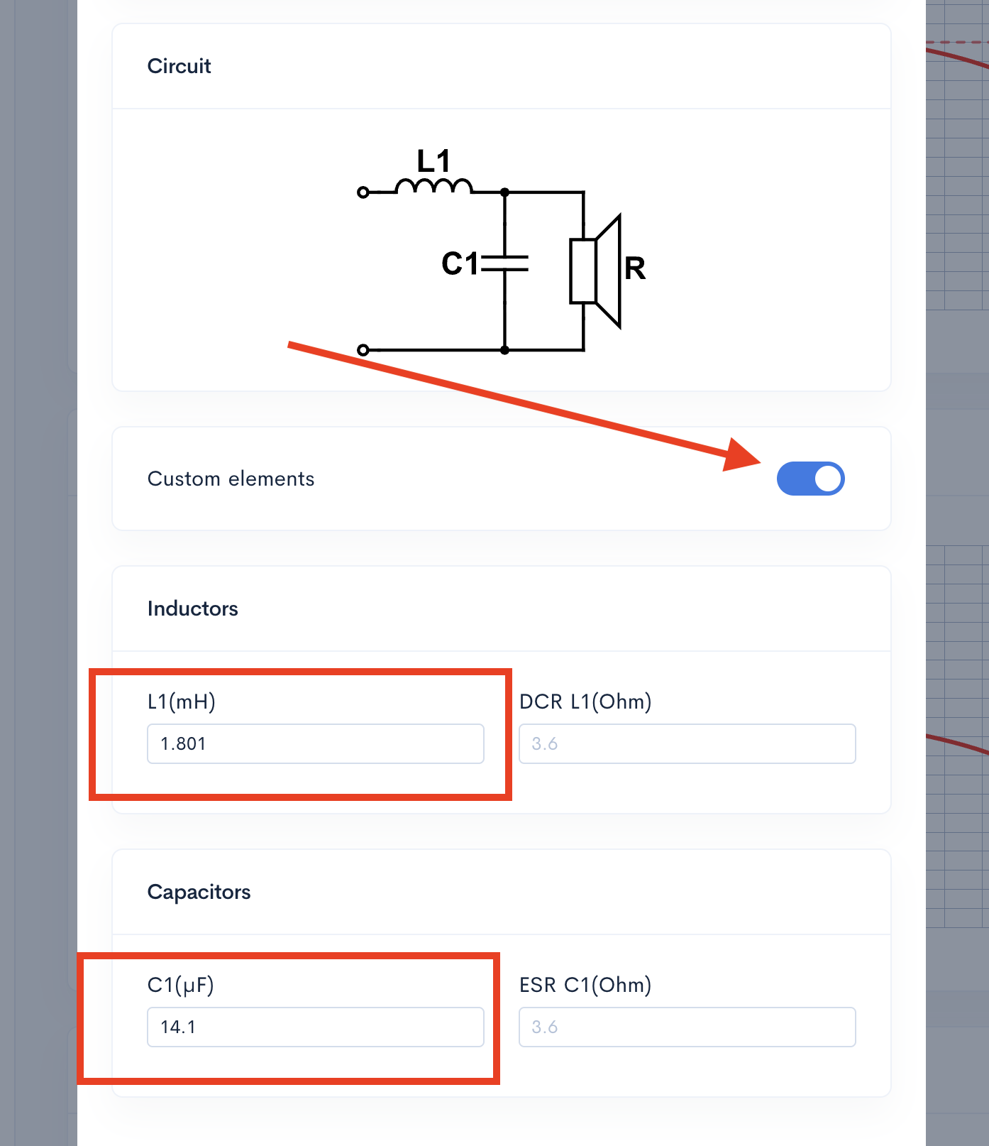 Custom elements mode for manual entry of L and C parameters