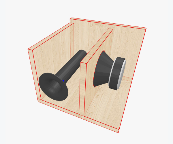 Gambar render dari Speaker Box Lite: sebuah enclosure band-pass orde ke-4 dengan port yang melebar (flared) dan dibulatkan untuk meningkatkan aliran udara dan mengurangi noise port.