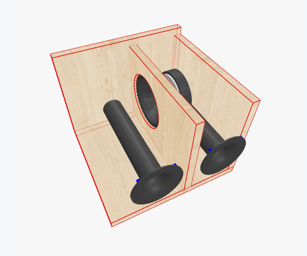 Gambar hasil render dari Speaker Box Lite: enklosur band-pass orde 6 tipe paralel dengan port melebar (flare) dan membulat, yang meningkatkan efisiensi aliran udara serta meminimalkan turbulensi.