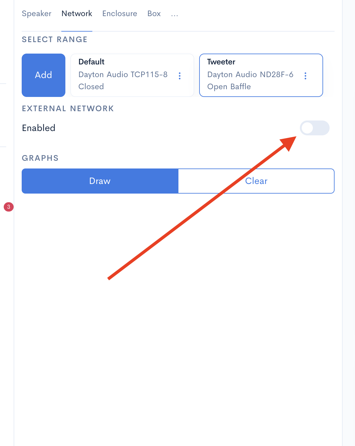 Activating the external network toggle in the Speaker Box Lite crossover module