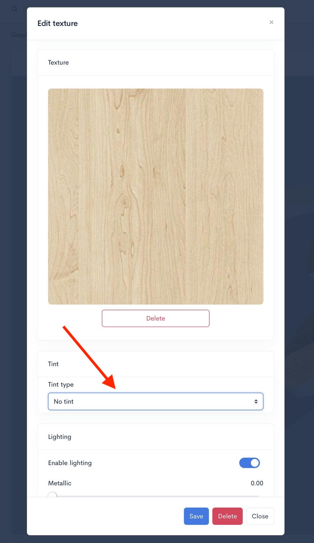 Available texture tinting modes - None, Solid Paint, Pro Coating, and Wood Stain