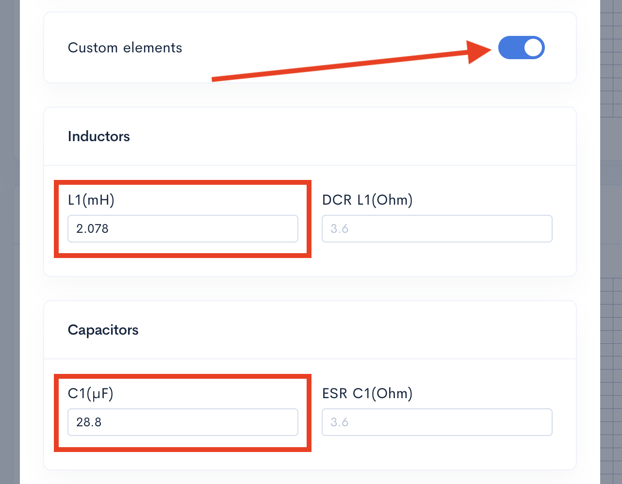Custom elements mode for manual entry of L and C parameters