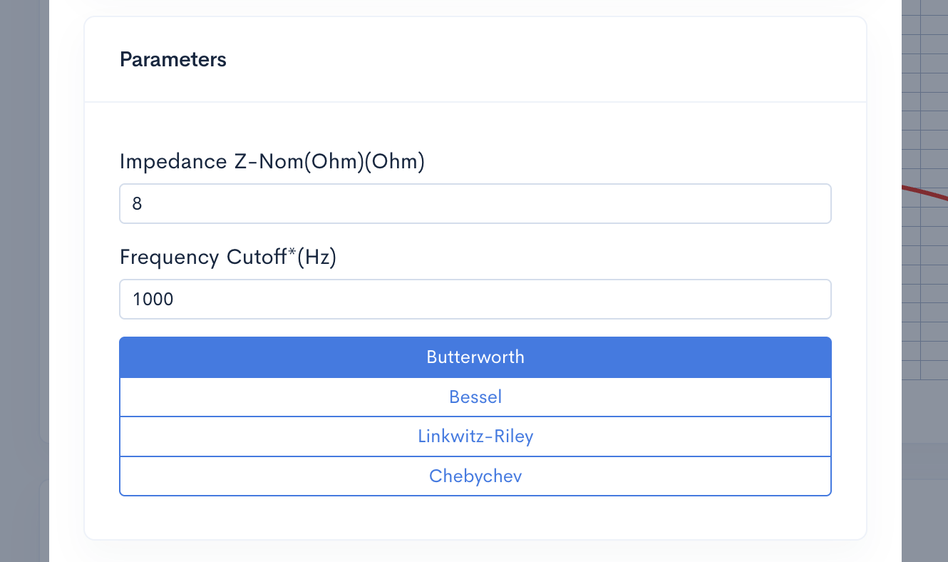 Available 2nd order Butterworth, Bessel, Linkwitz-Riley, and Chebychev filter alignments