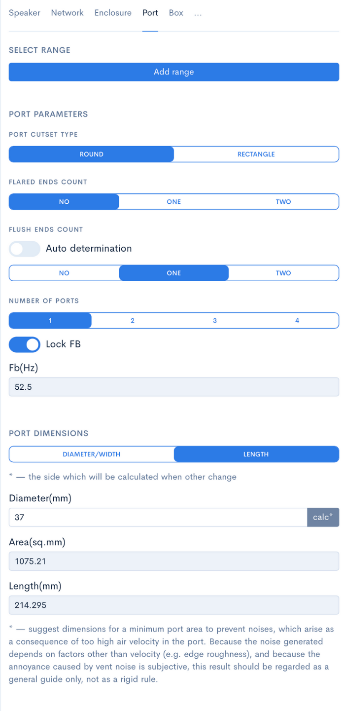 I’ll use a round port — click “calc” to get help choosing the port area.