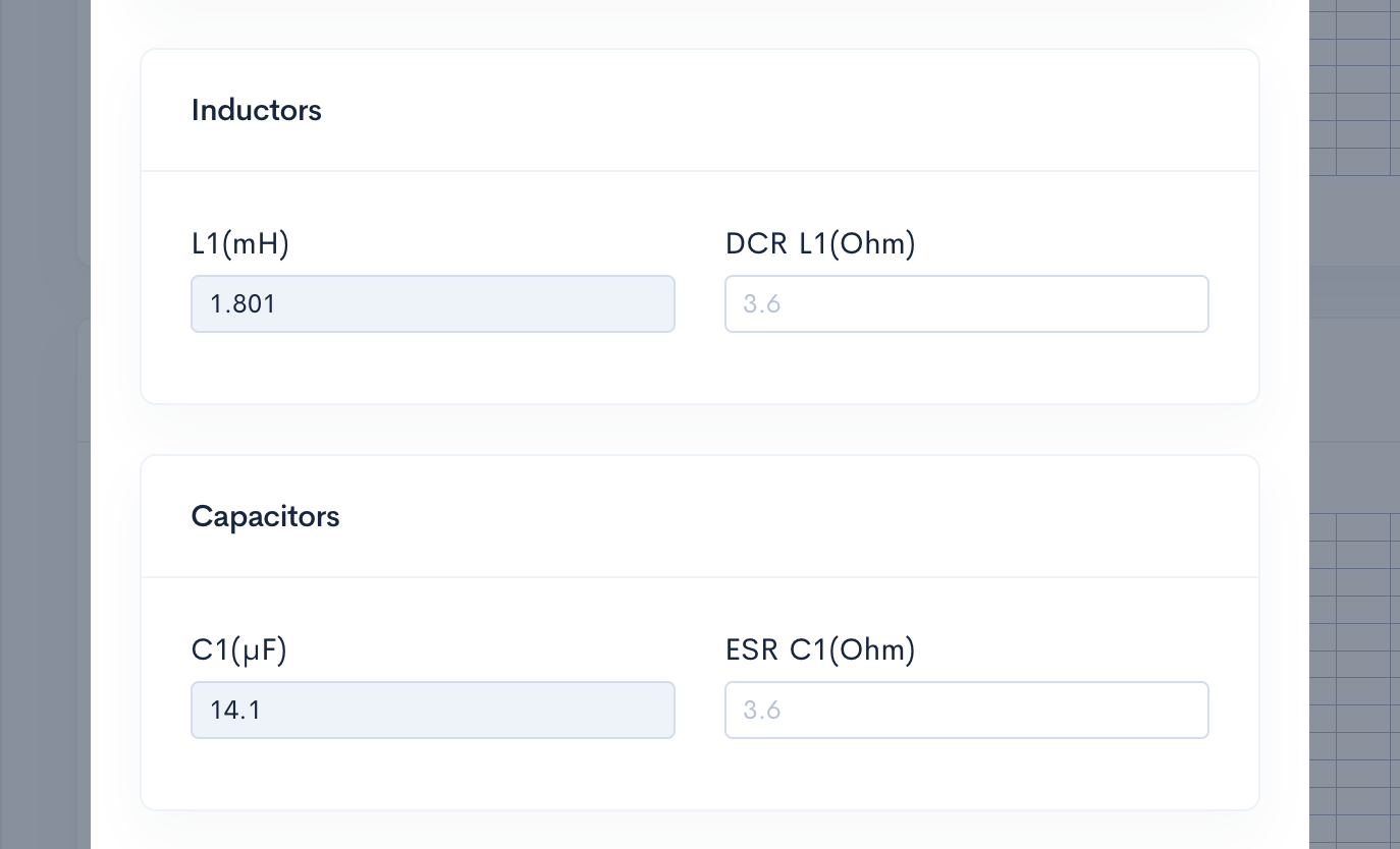 Calculated L and C component values for a 2nd-order LF filter
