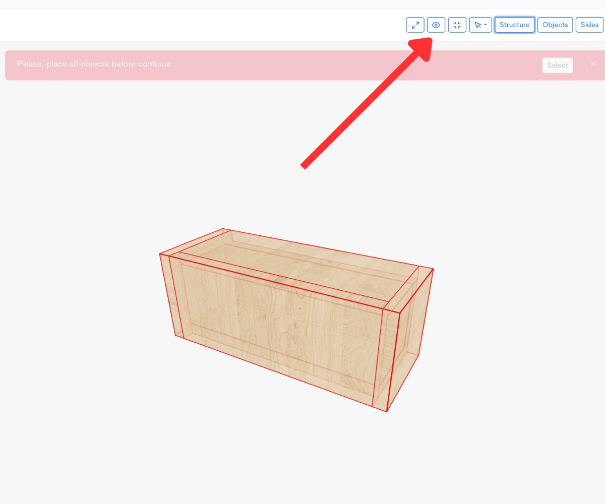 Demonstra como ativar a opção de limites da caixa para visualizar as dimensões externas do gabinete.