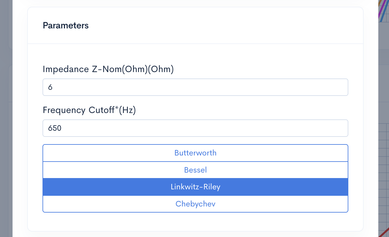 HF crossover configuration - Driver impedance and cutoff frequency inputs