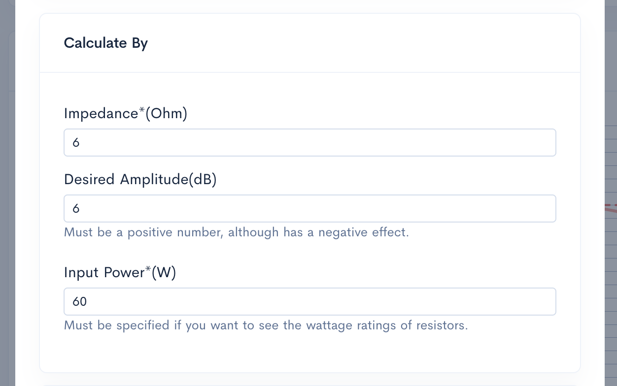 L-Pad input parameters for impedance, amplitude, and power in Speaker Box Lite