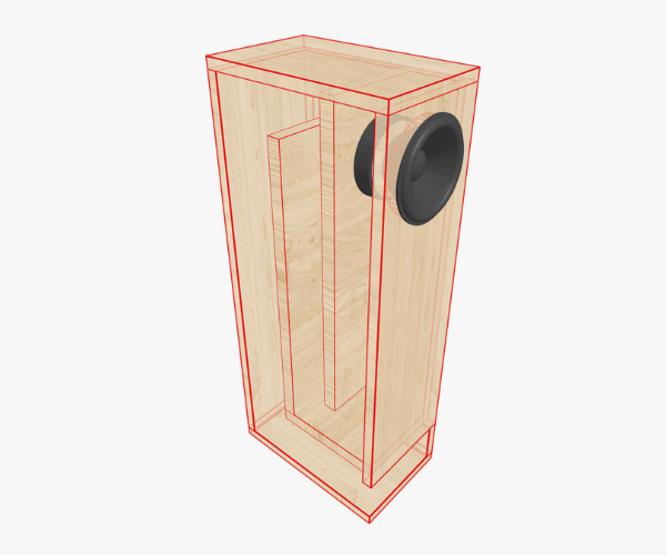 Ilustración renderizada de una línea de transmisión de cuarto de onda simple, de 1,4 metros de longitud, plegada tres veces con la línea invertida en la boca.