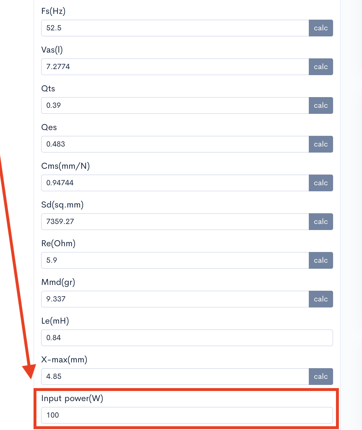 Kolom input daya untuk mensimulasikan hasil Sound Pressure Level (SPL) dan perpindahan cone