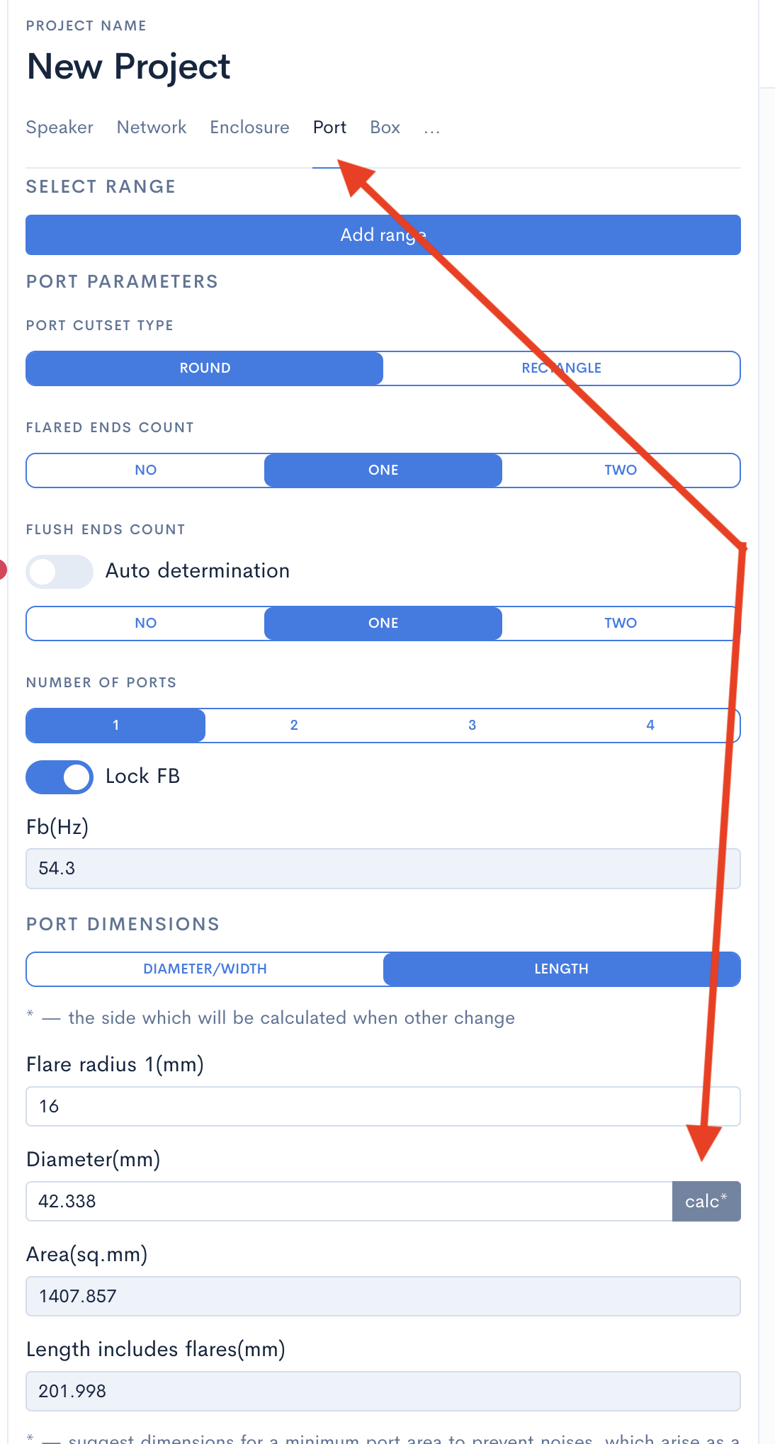 Antarmuka tab Port Speaker Box Lite untuk pemilihan preset area awal