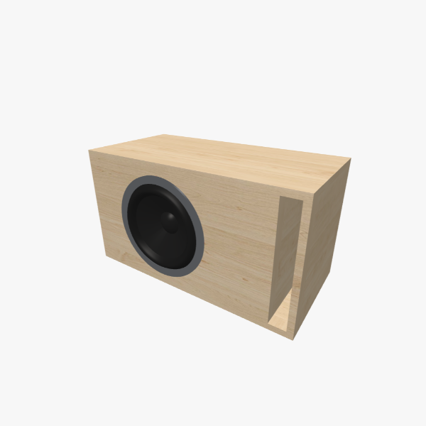 Single 10-inch round vented bass-reflex subwoofer box, 25 L chamber, 38 Hz tuning, one L-shaped slot port, solid exterior, 600 × 329 × 296 mm (23.58 × 12.96 × 11.67 in).