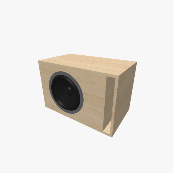 Caixa bass-reflex / ventilada para subwoofer de 12 polegadas com câmara de 45 L sintonizada em 32 Hz e porta slot em L, exterior sólido, 625 × 407 × 366 mm (24.55 × 16.03 × 14.43 in).