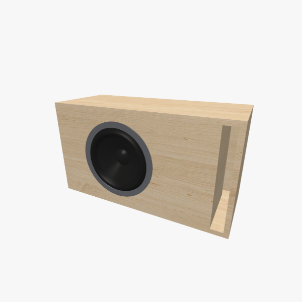 Single 10-inch round Vented / Bass-Reflex Subwoofer Box with 25 L chamber tuned to 38 Hz and one L-shaped slot port, solid exterior, 637 × 351 × 261 mm (25.02 × 13.83 × 10.31 in).