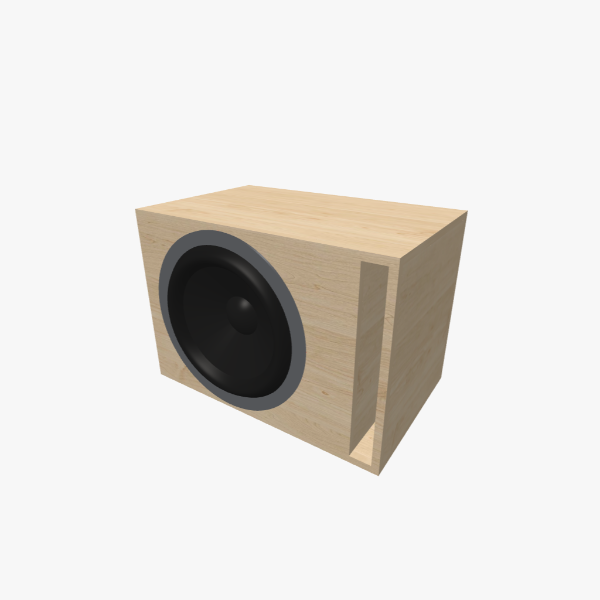Box Vented / Bass-Reflex untuk satu subwoofer bulat 15 inci, chamber 65 L, tuning 35 Hz, dengan satu port slot berbentuk L dan satu brace internal - eksterior solid, 606 × 425 × 383 mm (23.83 × 16.77 × 15.09 in).