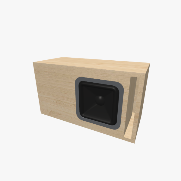 Single 8-inch rectangular vented / bass-reflex subwoofer box, 15 L chamber tuned to 38 Hz with one L-shaped slot port - solid exterior, 529 × 296 × 240 mm (20.77 × 11.68 × 9.48 in).
