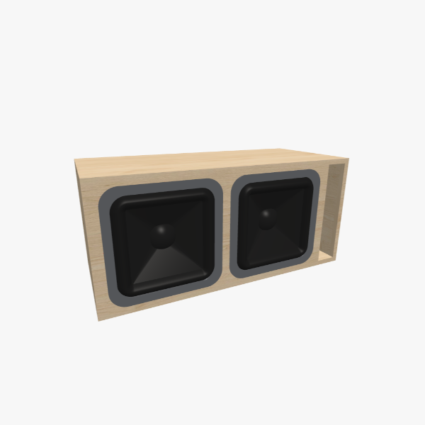 Caixa bass-reflex ventilada para 2 subwoofers de 12 polegadas com câmara de 70 L sintonizada em 35 Hz e uma porta slot em L, exterior sólido, 817 × 369 × 369 mm (32.14 × 14.55 × 14.55 in).
