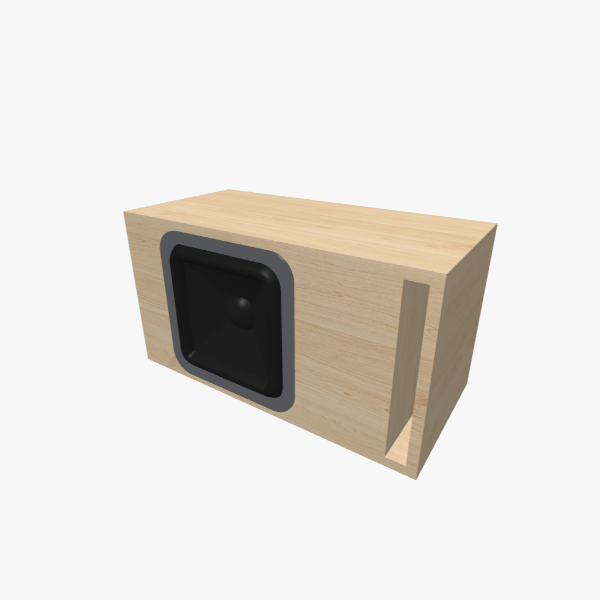 Короб Фазоинверторный / Bass-Reflex для сабвуфера 10 дюймов, 25 L / 38 Hz с одним L-образным щелевым портом и распоркой, сплошной вид, 555 × 297 × 267 mm (21.81 × 11.7 × 10.53 in).