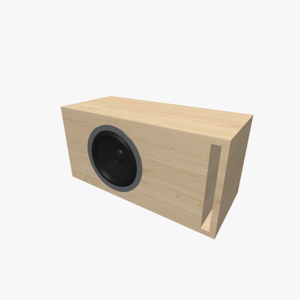 Caixa bass-reflex / ventilada para subwoofer redondo de 8 polegadas, câmara de 20 L sintonizada em 38 Hz com uma porta slot em L, exterior sólido, 544 × 264 × 237 mm (21.37 × 10.4 × 9.36 in).