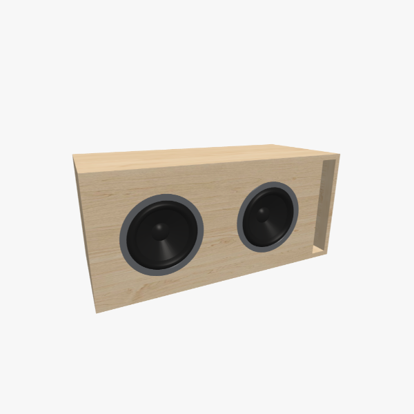 Caixa bass-reflex / ventilada para dois subwoofers de 8 polegadas, câmara de 50 L sintonizada em 34 Hz com uma porta slot em L, exterior sólido, 749 × 341 × 341 mm (29.43 × 13.43 × 13.43 in).