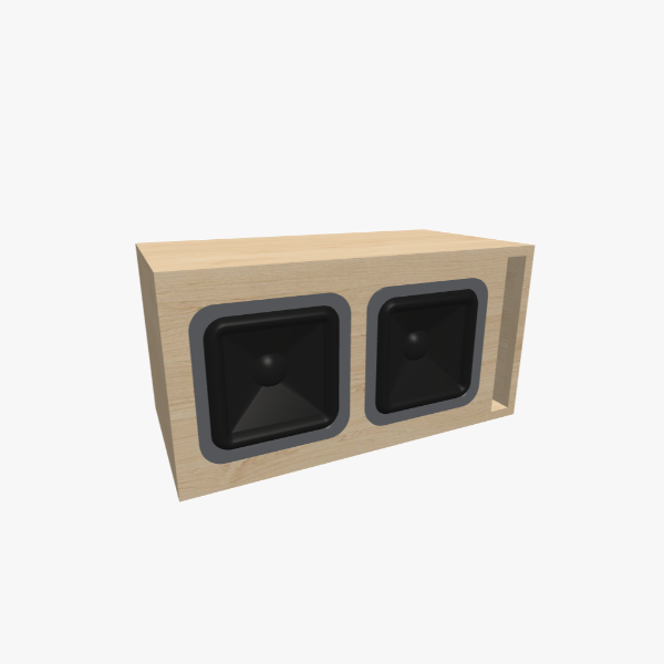 Dual 8-inch vented subwoofer box with 30 L volume and 38 Hz tuning - solid exterior view, 577 × 299 × 299 mm (22.68 × 11.8 × 11.8 in).