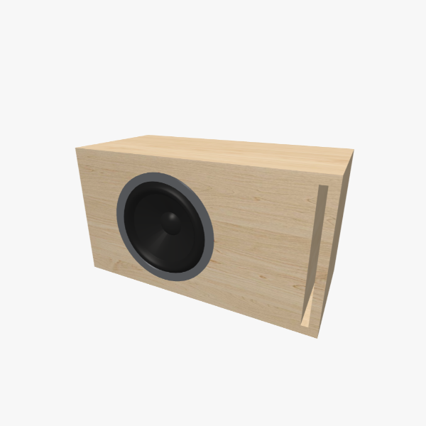 Single 8-inch Vented / Bass-Reflex Subwoofer Box, 20 L chamber tuned to 38 Hz with an L-shaped slot port, solid exterior, 491 × 269 × 229 mm (19.3 × 10.62 × 9.03 in).