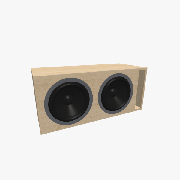Caixa para 2 alto-falantes redondos de 12 polegadas Bass-Reflex / ventilada, volume de 70 L, sintonia 35 Hz com uma porta slot em L e painel frontal de espessura dupla, exterior sólido, 852 × 369 × 369 mm (33.49 × 14.55 × 14.55 in).