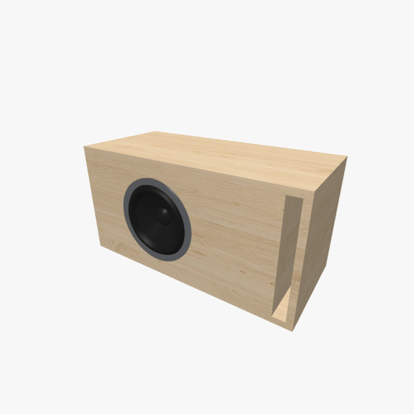 Фазоинверторный / Bass-Reflex короб для 8-дюймового сабвуфера, 25 L / 35 Hz с одним L-образным щелевым портом, сплошной вид, 593 × 302 × 272 mm (23.32 × 11.9 × 10.71 in).