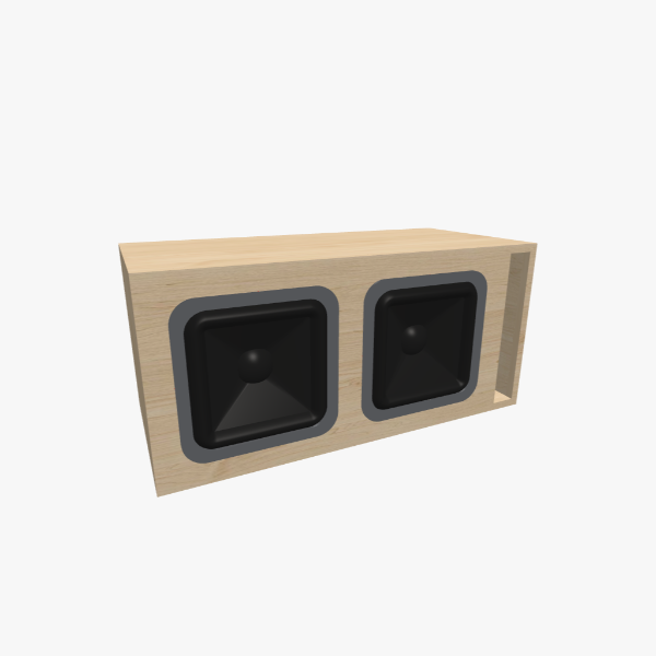 Caixa de subwoofer dual de 10 polegadas 60 L bass-reflex a 34 Hz com uma porta slot em L, exterior sólido, 747 × 349 × 349 mm (29.39 × 13.78 × 13.78 in).