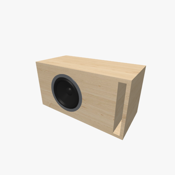Single 8-inch Vented / Bass-Reflex Subwoofer Box, 20 L, 38 Hz, one L-shaped slot port, solid exterior, 548 × 285 × 256 mm (21.54 × 11.23 × 10.11 in).