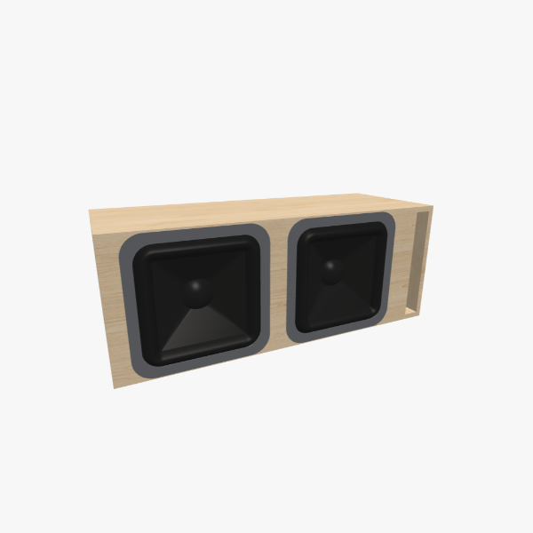 Caixa Bass-Reflex / ventilada para 2 Alto-falantes de 15 polegadas, recinto de 130 L sintonizado em 32 Hz com uma porta slot em L, exterior sólido, 1075 × 411 × 411 mm (43 × 16.22 × 16.22 in).