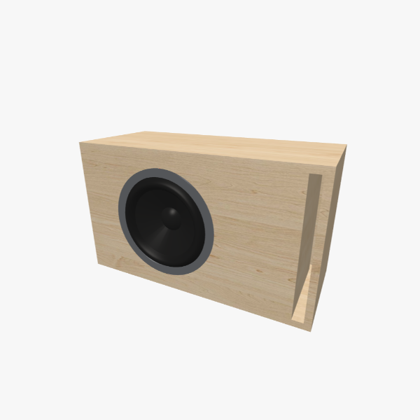 Single 10-inch round vented bass-reflex subwoofer box with a 35 L chamber and 35 Hz tuning, featuring one L-shaped slot port, solid exterior, 599 × 349 × 261 mm (23.54 × 13.75 × 10.28 in).