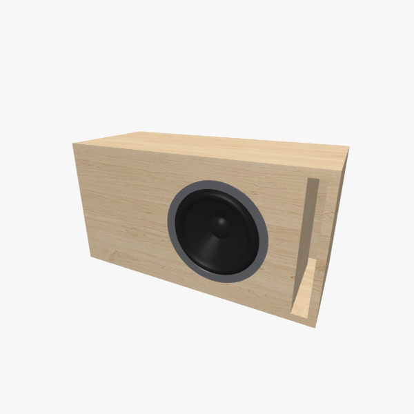 Single 8-inch vented bass-reflex subwoofer enclosure, 15 L chamber tuned to 38 Hz with an L-shaped slot port, solid exterior, 566 × 296 × 240 mm (22.23 × 11.68 × 9.48 in).