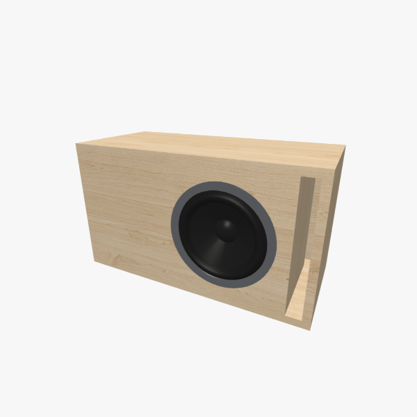 Single 8-inch round Vented / Bass-Reflex subwoofer box, 15 L volume tuned to 38 Hz with one L-shaped slot port, solid exterior, 529 × 296 × 240 mm (20.77 × 11.68 × 9.48 in).