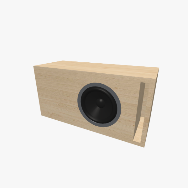 Caixa de subwoofer de 8 polegadas bass-reflex / ventilada, câmara de 15 L sintonizada em 38 Hz com uma porta slot em L, exterior sólido, 596 × 298 × 241 mm (24.14 × 11.81 × 9.53 in).