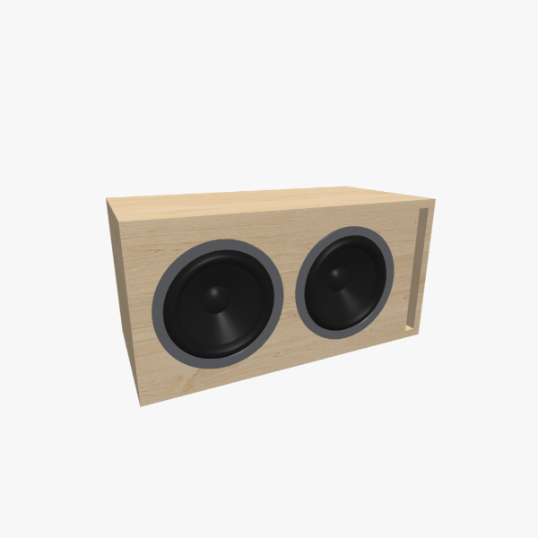 Dual 8-inch vented / bass-reflex subwoofer box with 30 L chamber and 38 Hz tuning via one L-shaped slot port; solid exterior, 572 × 287 × 287 mm (22.46 × 11.31 × 11.31 in).