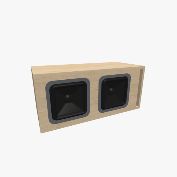 Caixa bass-reflex / ventilada para 2 subwoofers de 10 polegadas, volume de 70 L, sintonizada em 32 Hz, porta slot em L, exterior sólido, 797 × 351 × 351 mm (31.41 × 13.85 × 13.85 in).