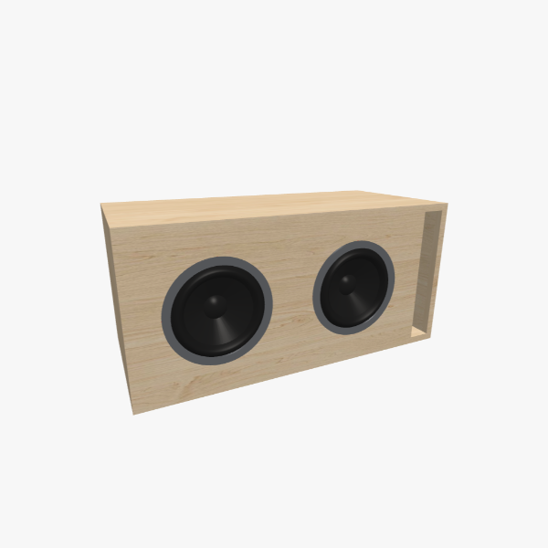 Dual 8-inch round subwoofer vented / bass-reflex box, 50 L chamber tuned to 32 Hz with one L-shaped slot port, solid exterior, 727 × 344 × 344 mm (28.58 × 13.54 × 13.54 in).