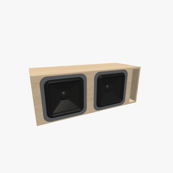 Dual 15-inch Vented / Bass-Reflex Subwoofer Box, 130 L chamber tuned to 32 Hz with one L-shaped slot port, solid exterior, 1119 × 426 × 426 mm (44.73 × 16.79 × 16.79 in).