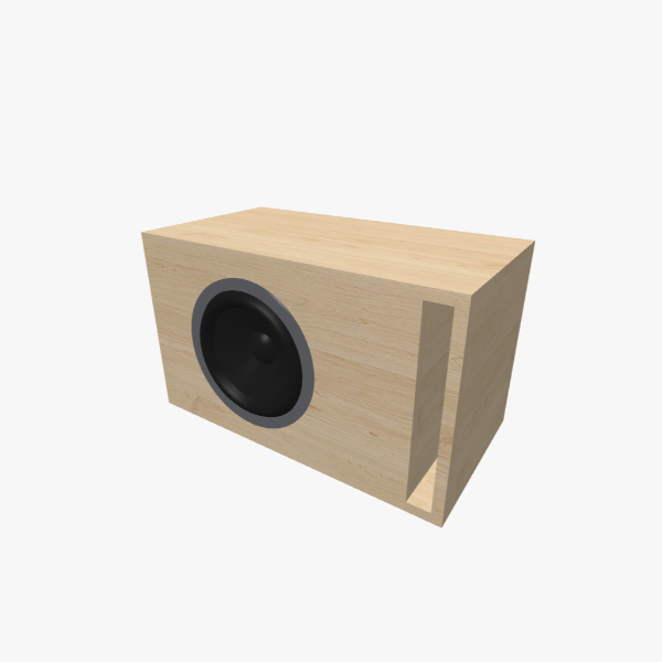 Caixa de subwoofer 10 polegadas bass-reflex / ventilada, câmara de 35 L sintonizada em 34 Hz com uma porta slot em L - exterior sólido, 595 × 355 × 319 mm (23.85 × 14.01 × 12.61 in).