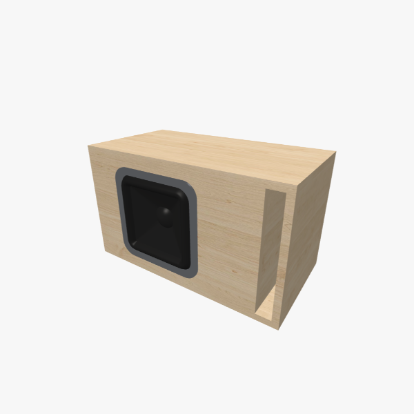 Box Subwoofer Vented / Bass-Reflex untuk Speaker 10 Inci Persegi Panjang dengan chamber 35 L, tuning 38 Hz dan satu port slot berbentuk L - eksterior padat, 591 × 345 × 310 mm (23.7 × 13.63 × 12.26 in).